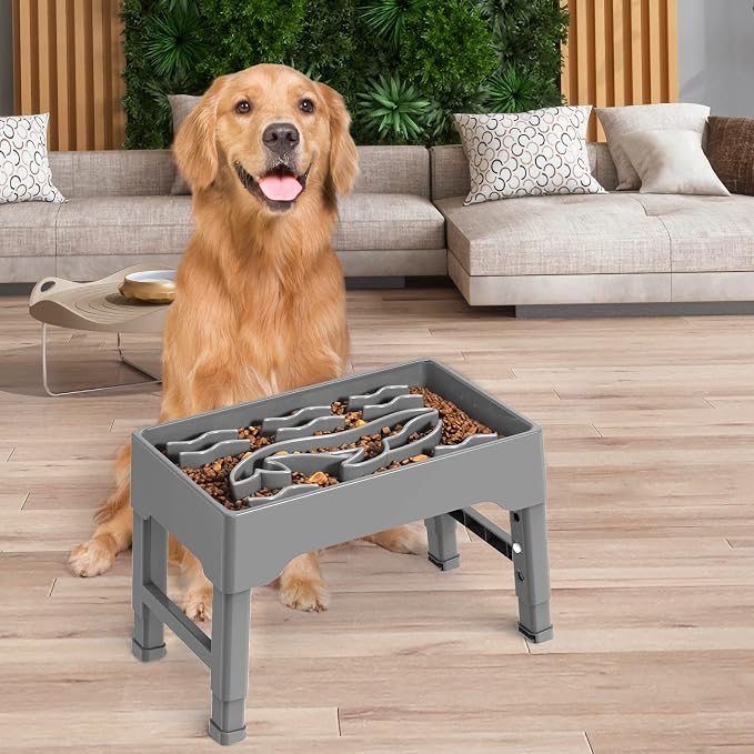 9 Cups Elevated Slow Feeder Dog Bowls 4 Adjustable Heights, Grey | Raised Dog Slow Feeder Bowls, Dog Food Bowl Stand, Non Slip Anti Gulping Slow Eating Dog Bowl for Medium & Large Dogs