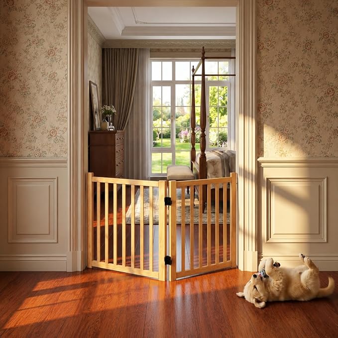 YOCAN Non-Painted Wood FreeStanding Pet Gate for Dogs,Wooden Dog Gates for Doorways, Stairs,The House, Dog Fences Indoor Puppy Gate-2 Panel H:23”