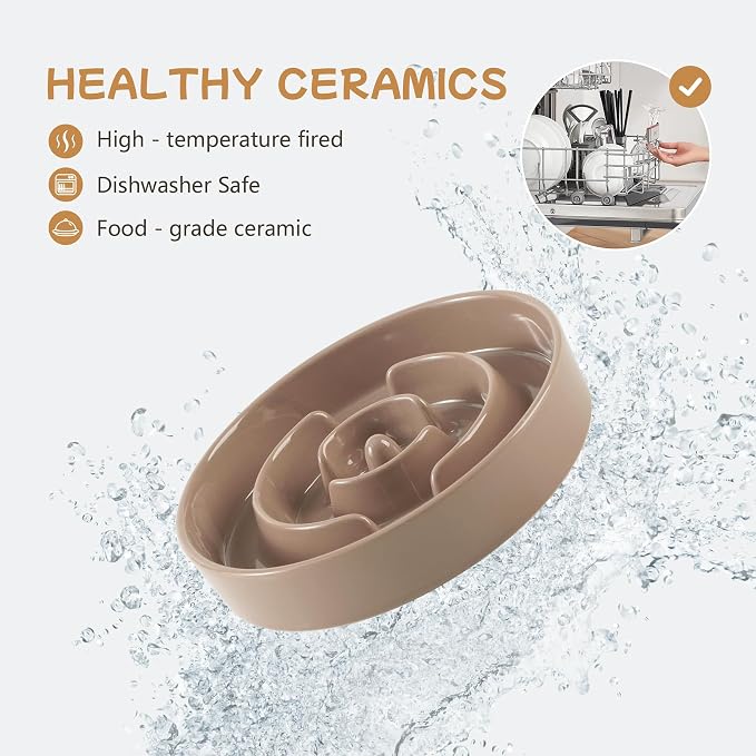 Havniva 6.1” Raised Slow Feeder Dog Bowls Set, 0.9 Cups Ceramic Slow Feeder Dog Bowl and 6.1” Dog Water Bowl with Elevated Wooden Stand Puzzle Dog Food Bowl for Small Dogs Anti-Gulping & Anti-Choking