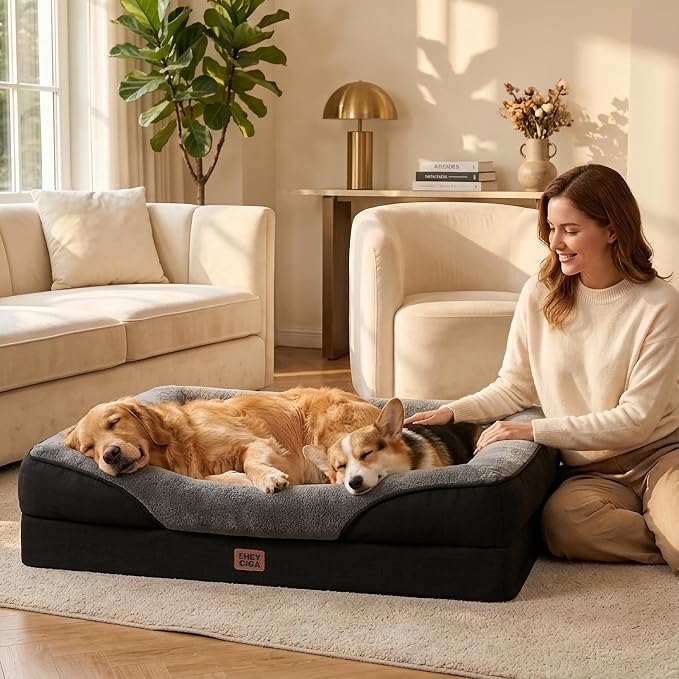 EHEYCIGA Orthopedic XL Dog Bed for Large Sized Dog, 48x35 Inch Extra Large Memory Foam Dog Couch Bed with Sides, Waterproof Liner & Washable Removable Cover, Bolster Pet Sofa, Grey/Black
