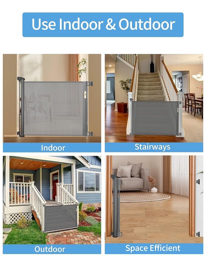 Veraste (2 Pack) Retractable Baby Gate for Doorways and Stairs, Mesh Safety Gate for Pet, Indoor & Outdoor Use, One-Hand Operation, Easy Installation, 33.6" Tall, Expands to 55" Wide(Grey,33.6"x55"