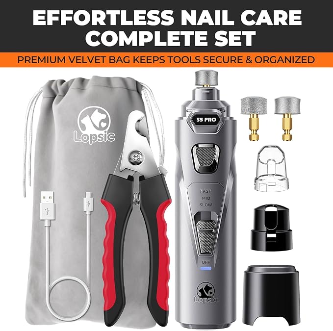 Whisper Quiet Dog Nail Grinder Safe & Stress-Free for Sensitive Dogs Cats | 4 LED Lights,3 Grinding Bits, 3-Speed, Pet Nail Trimmers, Rechargeable Painless Grooming Kit for All Breeds & Sizes