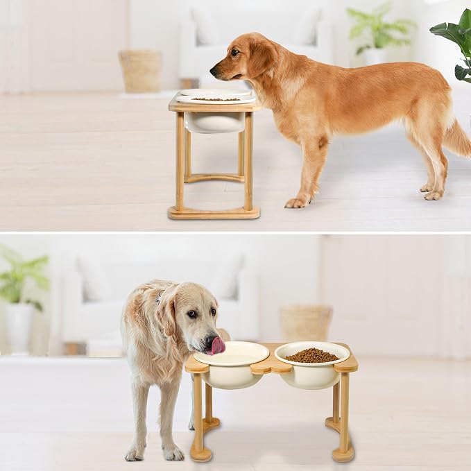 Elevated Dog Bowls for Large Dogs, Ceramic Food and Water Bowl Set, Beige | Raised Pet Feeding Dishes, 8.25" Wide Double Modern Porcelain Bowls, 11" High Wooden Stand, Non-Slip, Easy Clean, 56Oz/1600ML