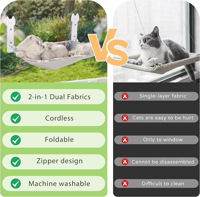 HiPetpy 2-Pack Large Cat Window Perch, Cordless Foldable Cat Hammock | Glow in the dark fabric, removable soft cover, breathable mesh, suction cups, large window cat bed for indoor cats