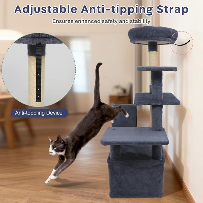 Multi-Level Cat Tree Tower, 48 Inches Tall with Sisal Scratching Posts, Condo, Tunnel with Dangling Ball Inside, Padded Top Perch, Multiple Jumping Platforms, Ideal for Indoor Cats (Dark Grey)