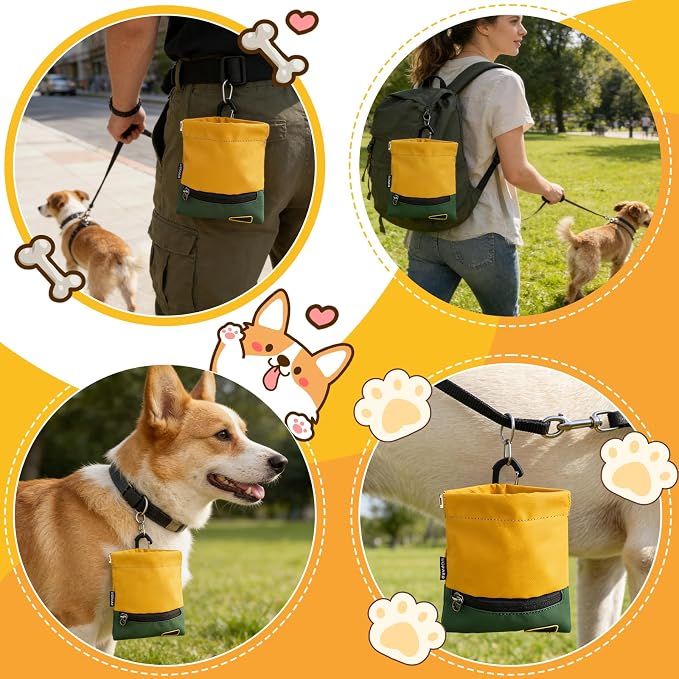 LIOPARD Portable Dog Treat Pouch, Hands-Free Pet Training Snack Bag with Carabiner, Auto-Closing Nylon Fabric Dog Walking Bag for Outdoor Use & Puppy Travel (Yellow)