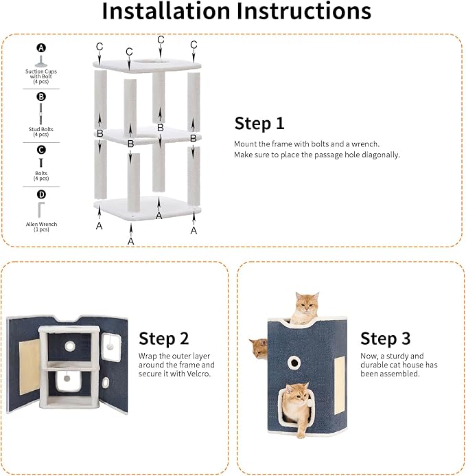 Cat House, Cat Beds for Indoor Cats, 2-Story Cat Condo Cube | Cat Bed Cave with Scratch Pad and Fluffy Ball Hanging, Multi-Level Cozy Hideout Center Ideal for Small/Medium Cats