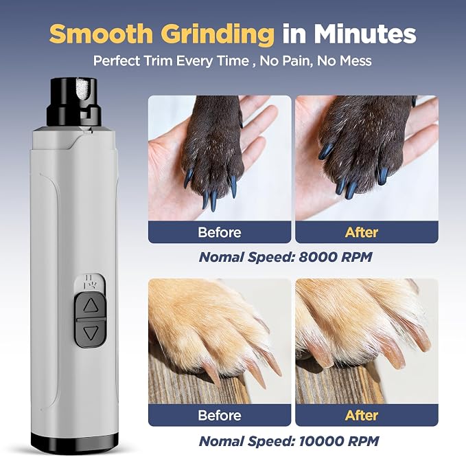 YGGDRA Dog Nail Grinder Upgraded - Professional 2-Speed Super Quiet and Low Vibration Electric Pet Nail Grinder with LED Lights - Painless Paws Grooming & Smoothing for Small to Large Dogs