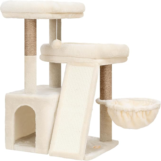 Heybly Compact Cat Tree with Big Scratcher, Stable Cat Tower HCT206SMJ | 27.2" Cat Furniture with 2 Top Perches, Floor Cat Condo, Cozy Hammock, Space-Saving Cat Activity Center, Beige