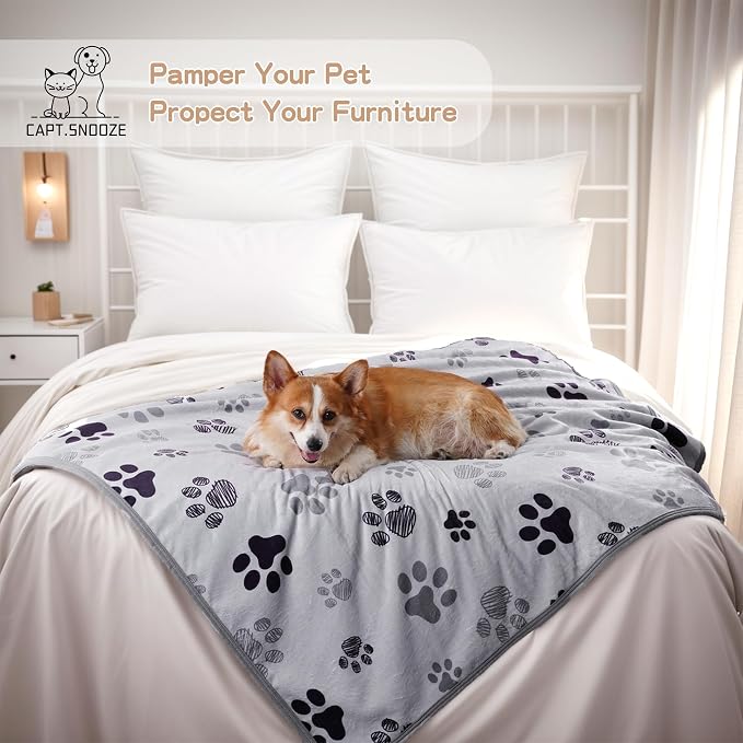 Waterproof Dog Blankets Pet Blanket 50"x60", Soft Fluffy Sofa Car Bed Protector, Reversible Sherpa Fleece Dog Blanket for Large Dogs(Light Grey-Paws)