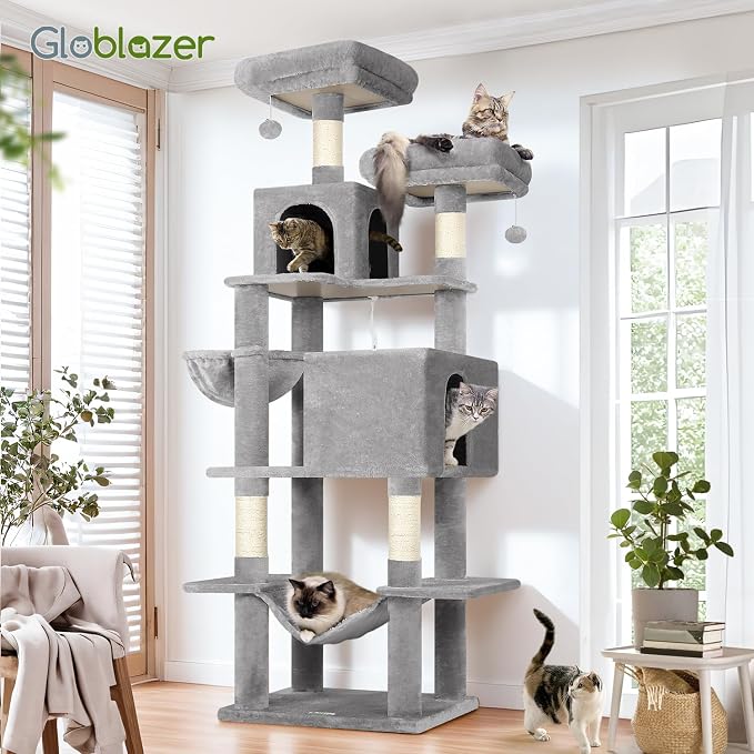 Globlazer Extra Tall Cat Tree Tower for Indoor Cats, 76in, F76, Light Grey | Multi-Level Cat Furniture with Cozy Condos,Hammock and Perches for Large Adult Cats, Perfect for Climbing, Scratching