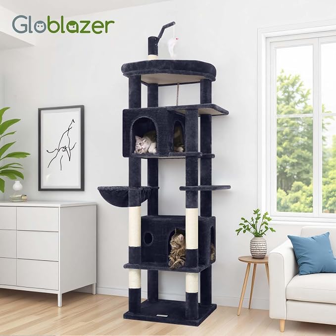 Globlazer F74B Cat Tree for Indoor Cats Large Adult, Multi-Cat, Dark Grey | Easy Setup, 74in Tall Tower, Oversized Top Perch, 2 Large Condos, Hanging Basket, 5 Sisal Scratching Posts, Anti-Topple Strap