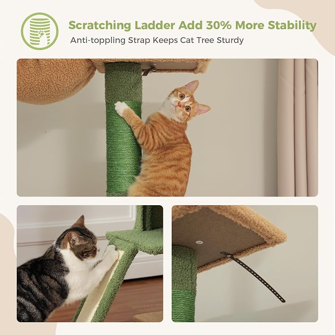PEQULTI Floor to Ceiling Cat Tree, Adjustable 83-108in 5-Level Tower, Green | Tension-mounted tall cat tower with 5 levels, cozy condo, hammock & sisal scratching post; wide base for indoor adult cats