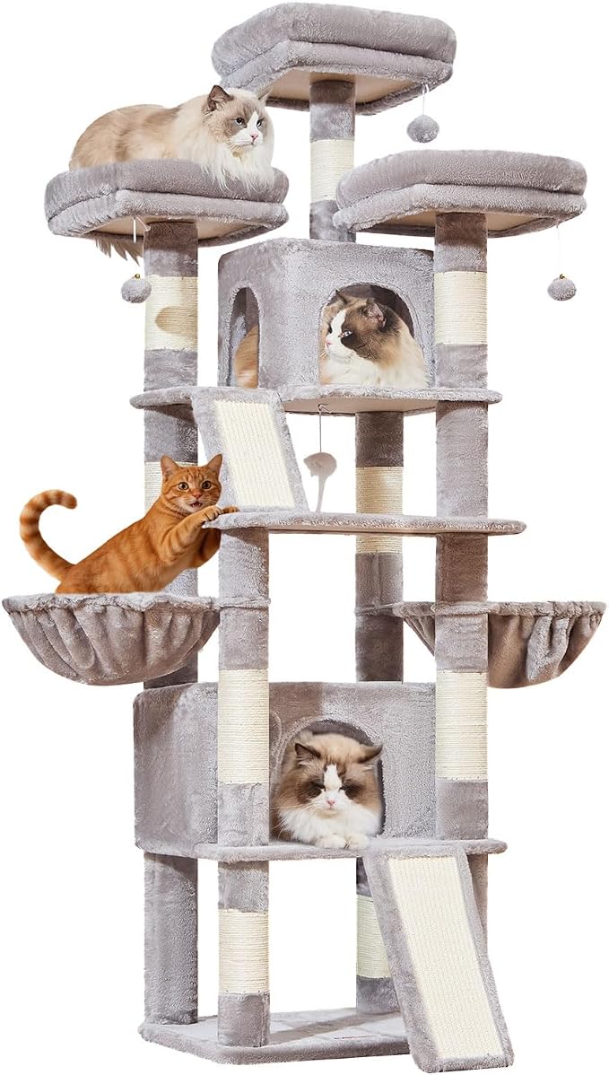 Taoqimiao Cat Tree for Large Cats, 76.8 Inches XL Cat Tower for Indoor Cats | 2 Scratch Boards, 3 Top Perches, 9 Scratching Posts, Multi-Level Cat Tree with 2 Condos, 2 Cozy Basket, Light Gray, T20W
