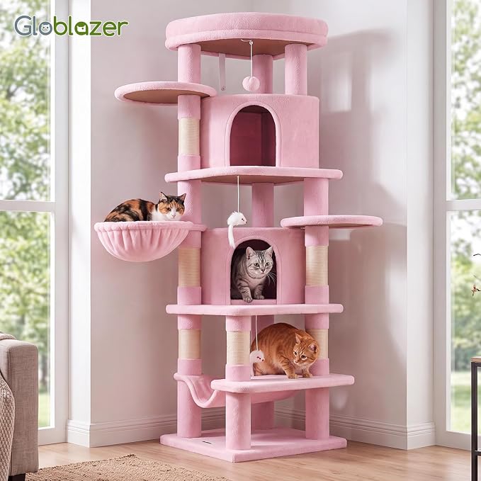 Globlazer 66in Pink Corner Cat Tree Tower for Indoor Large Cats, C66, Pink | Space-Saving Stable Cute Cat Tower with 6 Scratching Posts, 2 Large Fan-shaped Condos & Top Perch, Hammock, Climbing Steps
