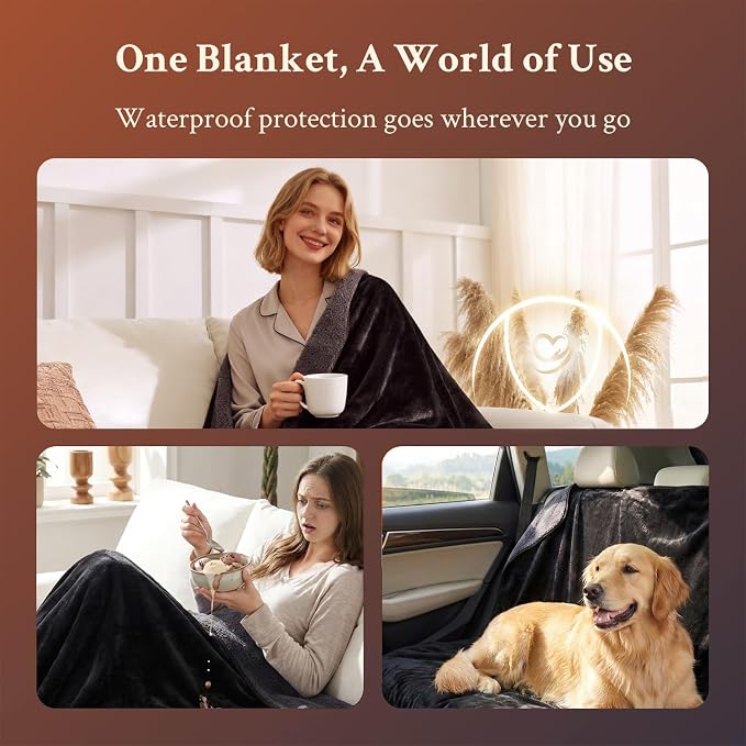 Waterproof Blanket for Bed, Couch, Sofa - Plush Throw Blanket to Protect Furniture, Stain Resistant, Leak-Proof, Double-Sided Flannel & Sherpa Fleece, Reversible Black & Grey, 40"x60"