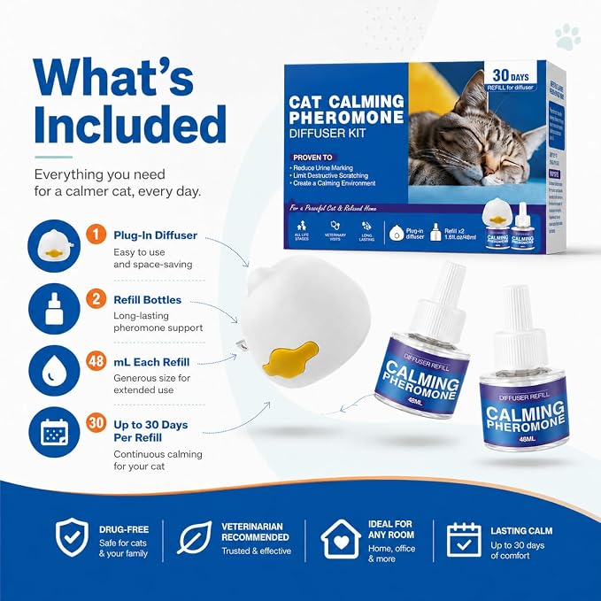 Cat Calming Diffuser Kit, Cat Pheromone Diffuser with 2 Liquid Refills, Plug In Calming Diffuser for Indoor Cats, Helps Create a Comfortable Home Environment for Multi Cat Households, 60 Day Supply