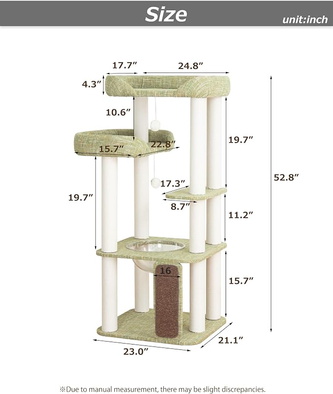 53'' Cat Tree for Large Cat, Modern Senior Friendly Cat Tower with Wide Shelves Low Step, Cotton Scratching Posts, Super Sturdy Base, Cozy Perches, and Interactive Toys (Green)
