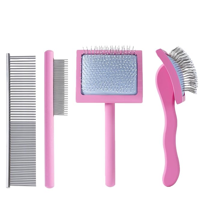 Pink Slicker Brush for Long Haired Dog Wooden Handle Coated Pins | Gently Grooming Slicker Brush, Ergonomic Wooden Handle, Long-Haired Dogs, Long Pins for Grooming Goldendoodles Poodles