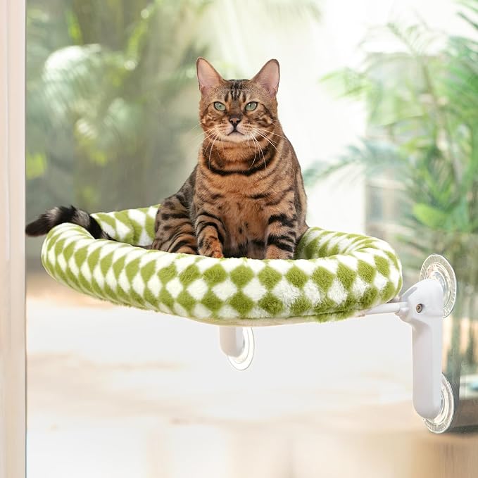 Sunhoo Foldable Cat Window Perch, Large Suction Cup Kitty Hammock, Green | Windowsill Pet Bed for Cats Inside, Cordless Kitten Seat Supports 40 lbs, Soft Reversible Plush Cushion, Machine Washable