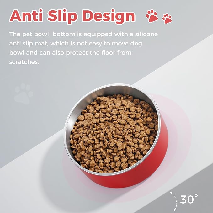WENBOKMIN Dog Bowl, Stainless Steel Dog Food and Water Bowl with Non Slip Quiet Bottom, Easy to Clean, Dishwasher Safe, 64oz, Red