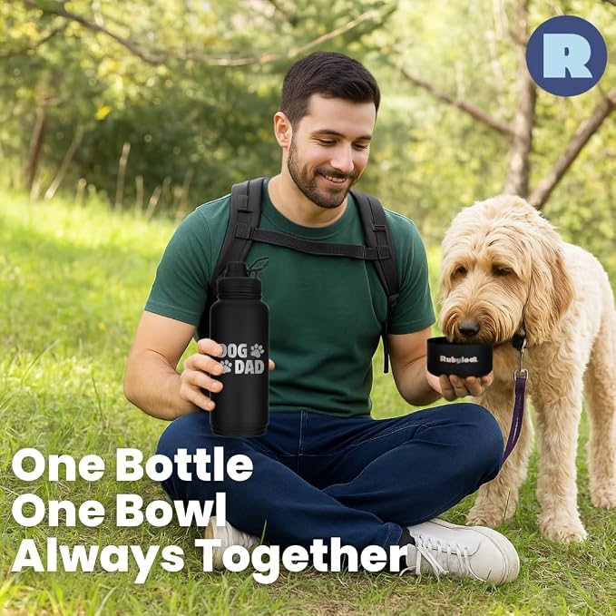 Dog Dad Water Bottle – 32 oz Stainless Steel Double Wall Insulated with 8 oz Detachable Bowl on Bottom – Cool Dog Dad Gifts for Father's Day, Hiking, Walking, Travel & Everyday Adventures – DD Black