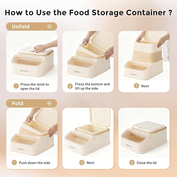 ZOMISIA 20-30lbs First-in, First-out Collapsible Dog Food Storage Container | FIFO System Easy Dispense Base for Freshness, Cat Food Storage Containers with Transparent Lid and Scoop