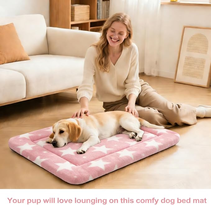 Dog Bed Mat, Reversible Crate Pad & Durable Dog Bed - Machine Washable Kennel Mat with Ultra Soft for Medium Dogs (Big&Small Stars Pink, 30" L*20" W*1.5" Th)