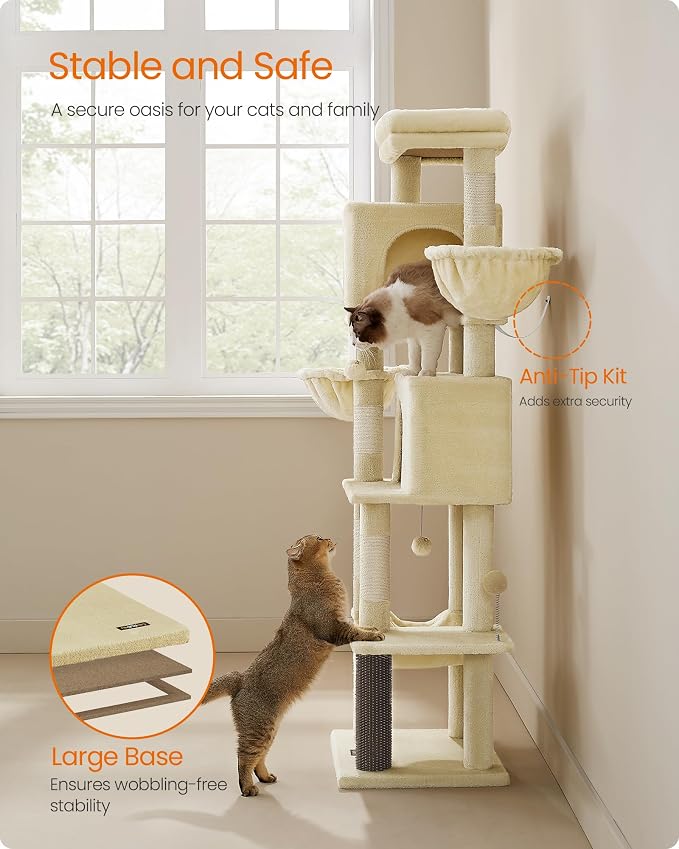Feandrea Cat Tree, 69-Inch Tall Cat Tower, Multi-Level Plush Condo with 2 Caves, 2 Baskets, 5 Scratching Posts, Self-Groomer, Perch, Hammock, Sand Beige UPCT182Y01