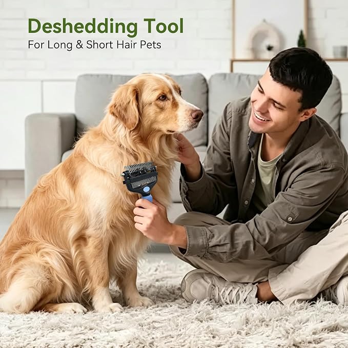 Deshedding Dog Brush, Undercoat Rake for Cats & Dogs, Pet Pro Grooming Tool | 3-in-1 Non-Slip Handle, Effectively Removes Mats Tangles & Loose Fur, Reduces Shedding for Long Short Hair Pets, Blue