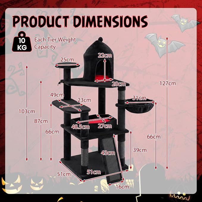 50-inch Gothic Cat Tree, Multi-Level Black Cat Tower | | Robust Scratching Posts | Coffin Bed | Castle-Shaped Comfy Cat Condo | Spider-Shaped Hanging Toy | Scratching Ladder |