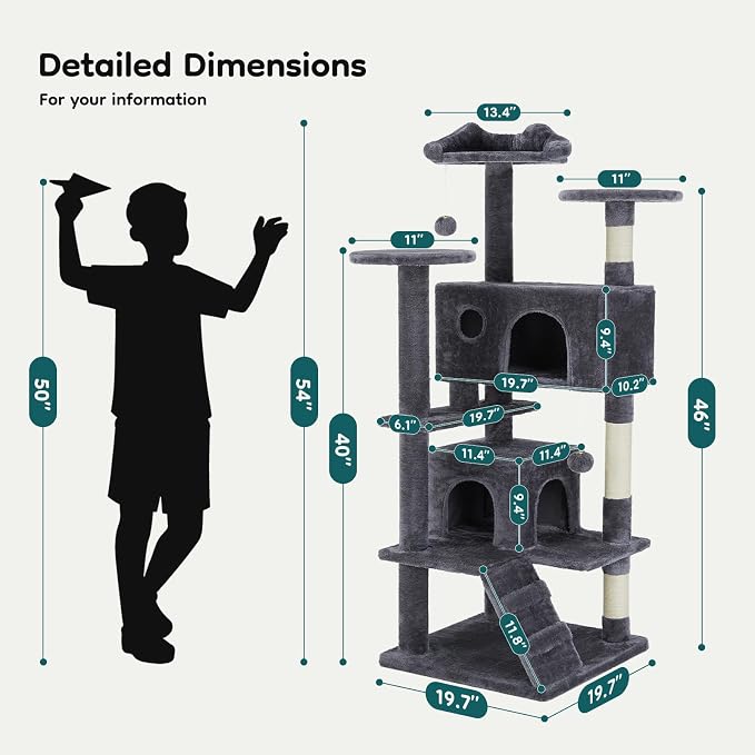 DUMOS 54 Inch Cat Tree Tower with Scratching Posts | Indoor Multi-Level Pet House for Large Cats with 2 Condos, Round Platform, Small Ladder and Toys, Grey