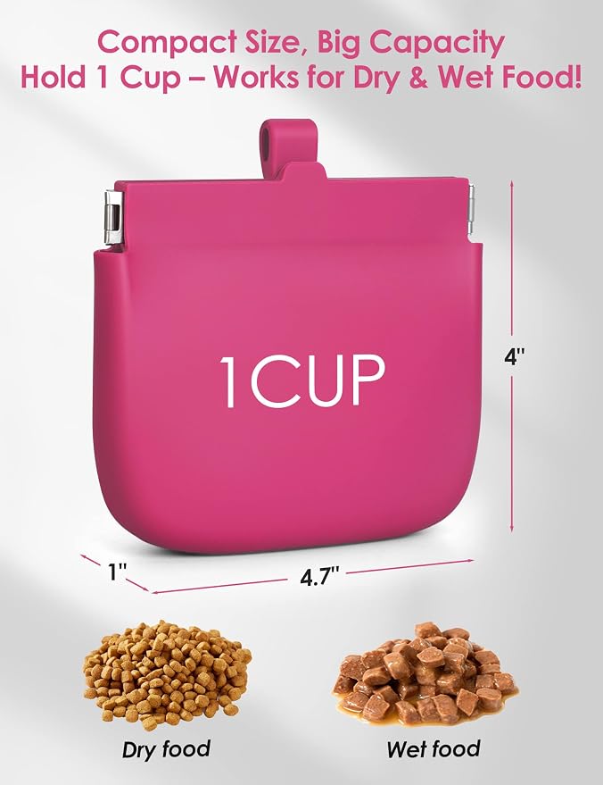 1 Cup Silicone Dog Training Treat Pouch (Hot Pink) | Clip on Leash or Belt Loop, One-Hand Access with Pull Tab, Small Pocket Sized, Auto Closing Lid for Pet Training & Walking