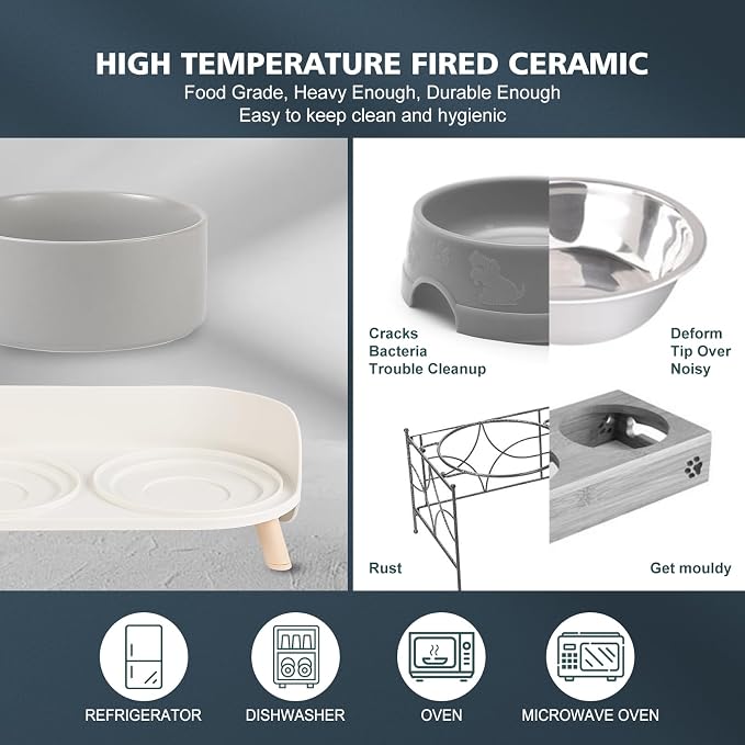Elevated Ceramic Dog Bowl Set - Double Dog Feeding Bowls with Stand Splash Proof - Raised Dishes for Food and Water - Ideal for Small to Medium Dogs - 2 x 720 ml - 11.3 oz - Grey