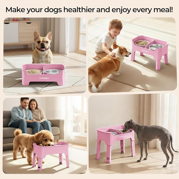 URPOWER Mess Proof Elevated Dog Bowls 4 Height Adjustable Raised Bowl Stand with 2 Stainless Steel Dog Bowls Non-Slip Food and Water Bowl Set for Small Dogs, Pink