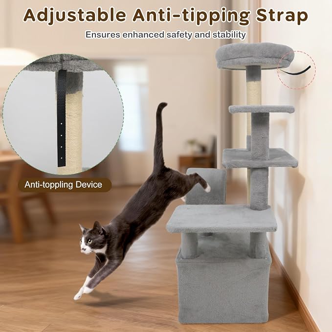 Multi-Level Cat Tree Tower, 48 Inches Tall with Sisal Scratching Posts, Condo, Tunnel with Dangling Ball Inside, Padded Top Perch, Multiple Jumping Platforms, Ideal for Indoor Cats (Grey)