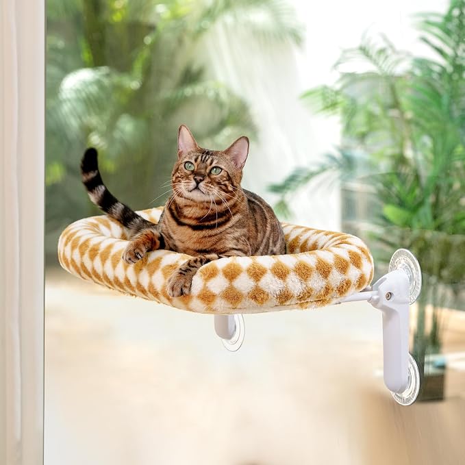Sunhoo Foldable Cat Window Perch, Large Suction Cup Kitty Hammock, Brown | Windowsill Pet Bed for Cats Inside, Cordless Kitten Seat Supports 40 lbs, Soft Reversible Plush Cushion, Machine Washable