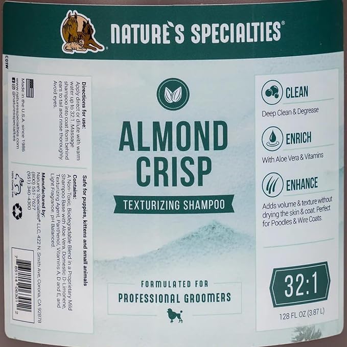 Nature's Specialties Almond Crisp Ultra Concentrated Dog Shampoo for Pets, Makes up to 32 Gallons, Natural Choice for Professional Groomers, Texturizing and Volumizing, Made in USA, 1 gal
