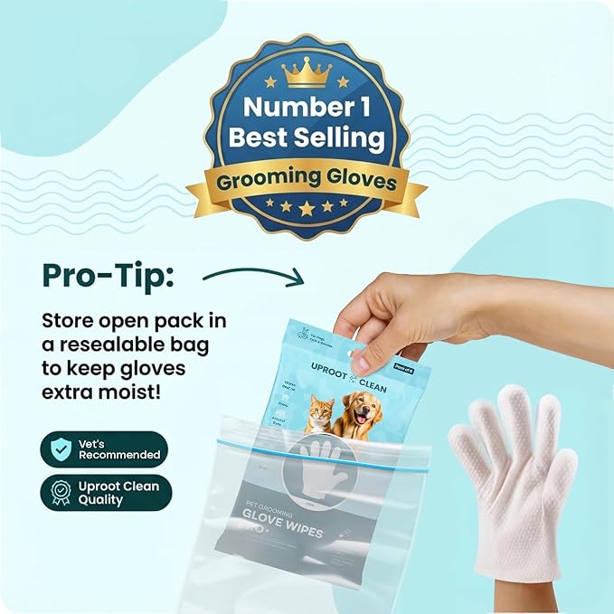 Uproot Clean Pet Grooming Gloves: Deodorizing & Grooming, 1-Month Supply | Extra-Thick Cat & Dog Wipe for Clean Paws, Eyes, Ears, Butt & Body, Lick-Safe. Mess-Free - Removing Tough Dirt, Odor, Oils