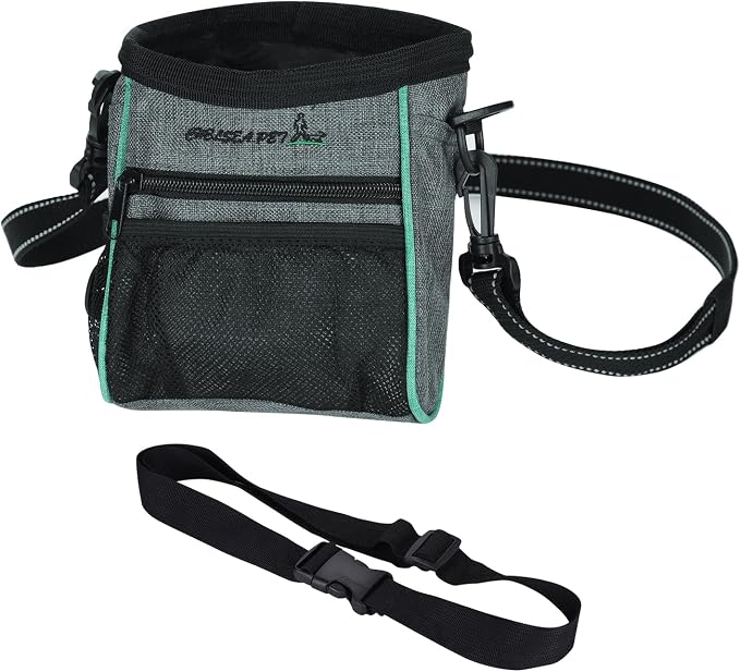 Portable Dog Treat Pouch Pet Puppy Treat Bag for Training Animal Walking Snack Container Bait Holder Kibble Hiking Toy Carries Pack with Waist Belt, Shoulder Strap, Built-in Poop Bag Dispenser