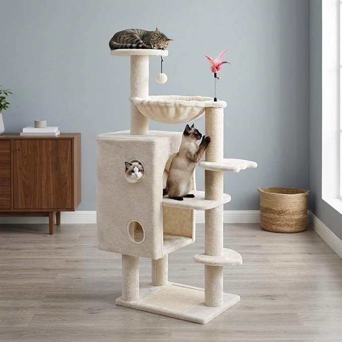 HUITREE 45in Cat Tree Tower with Big Condo for Indoor Cats,Cat Tower with Scratching Post,Scratching Board and Cat Toys,Multi-Level,Small Space,Transformer Cat Tree (338B)