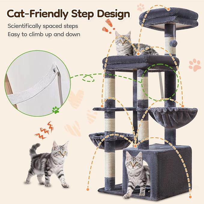 Taoqimiao 53.5in Cat Tree, Heavy Duty Sturdy Cat Tower for Indoor Cats S20G | Easy assembly, Extra Wide Base, Multi-level, 6 Scratching Posts, 2-Post Supported Baskets, Cozy Cave, 2 Perches, Smoke Gray