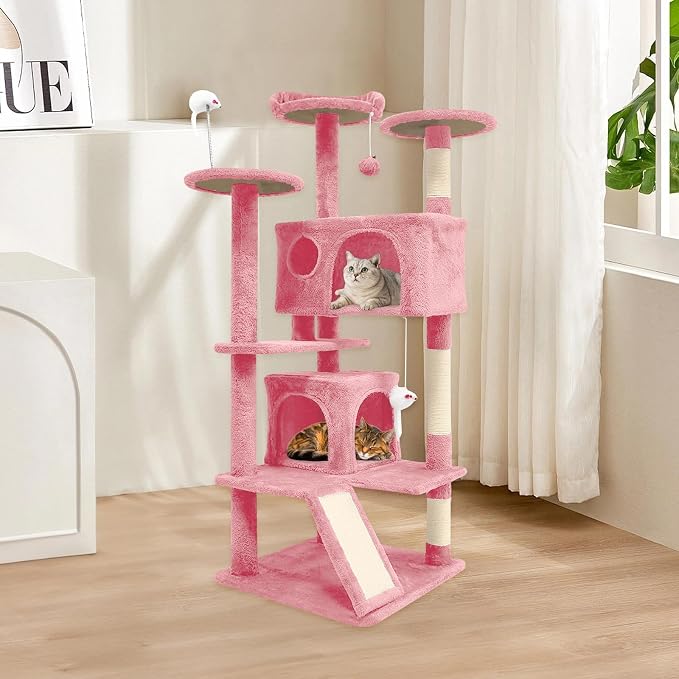 Cat Tree Tower for Indoor Cats,Cat House with Sisal Scratching Post,Multi-Level Cat Condo and 3 Large Platforms (Pink)