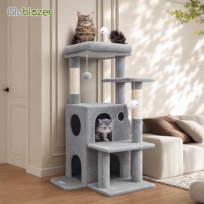 Globlazer Cat Tree Tower for Indoor Cats, 50-inch Adult Cat Tree House for Large Adult Cats with Steps, Scratching Post, 2 Cat Caves, Dangling Toys, FC50, Light Grey