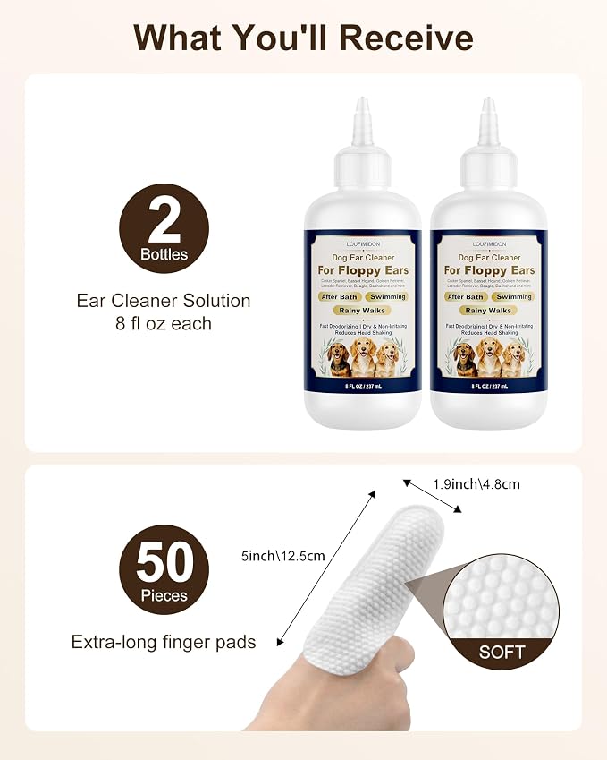 Dog Ear Cleaner Solution with Finger Wipes 8 oz Each 2 Bottles | Dog Ear Wipes For Floppy Ears, Fast Deodorizing Dog Ear Wash After Bath & Swimming Rainy Walk, Unscented Dog Wipes