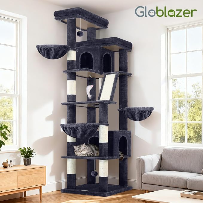 Globlazer 80in XXL Extra Large Corner Cat Tree Tower S80G, Dark Grey | Cat Condo For Indoor Cats Large Adult & Kitten, Scratching Posts & Board, Cozy Caves, Widened Perches, Adjustable Baskets