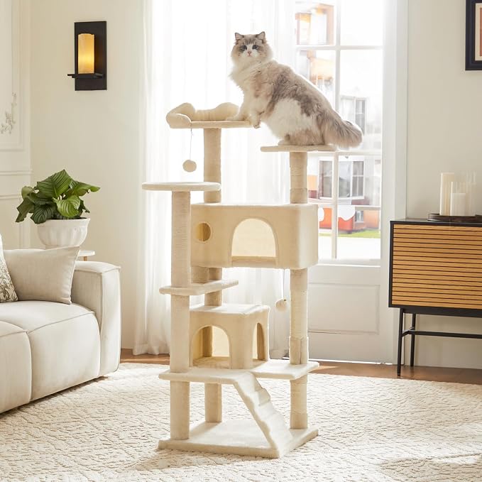 DUMOS 54 Inch Cat Tree Tower with Scratching Posts | Indoor Multi-Level Pet House for Large Cats with 2 Condos, Round Platform, Small Ladder and Toys, Beige