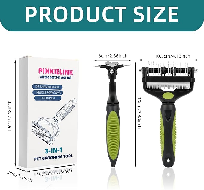 3-IN-1 Pet Grooming Tool - Undercoat Rake, Dematting Comb & Deshedding Brush for Cats, Dogs, Horses - Removes Mats, Tangles & Loose Fur, Reduces Shedding & Prevents Hair Mess (Green)