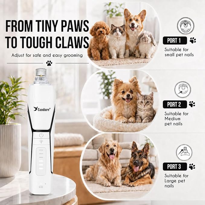 Candure Dog Nail Grinder Upto 6-Speed Dog Nail Trimmer for Large, Medium, Small Dogs, Cats & Pets - Low Noise Rechargeable Dog Claw Grinder with 360° LED Lights & Extra Grinder Head (White)