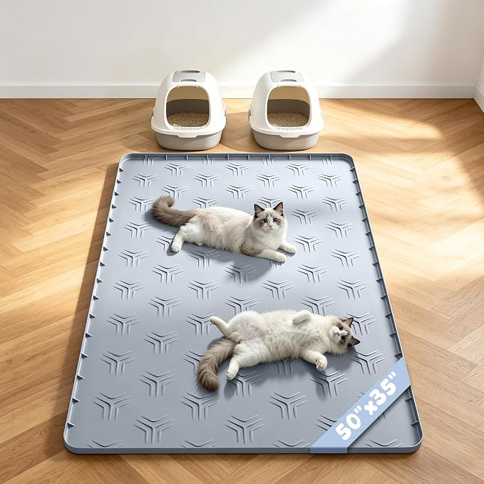 Cat Litter Box Mat, 50"×35" Large Silicone Cat Litter Trapping Mat | Non-Slip Gray Kitty Litter Mat for Indoor Cats, Waterproof Pet Food Mats Easy to Clean & Soft on Kitty Paws